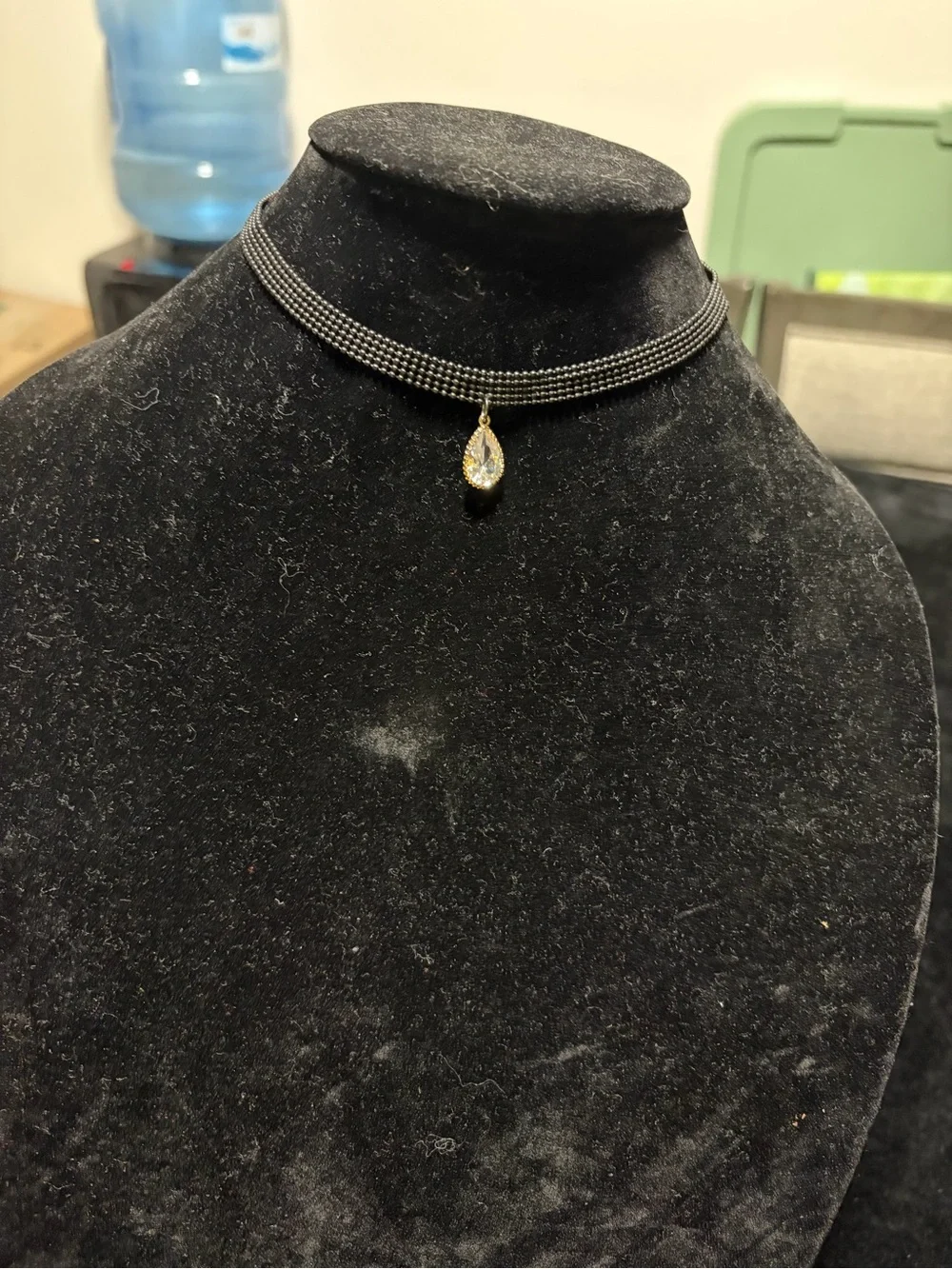 Black Multi-Strand Choker Necklace with Gold Teardrop Pendant - Picture 2 of 3